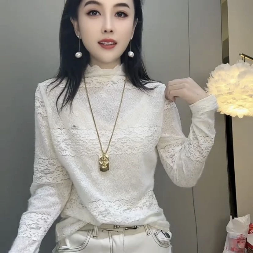 欧货半高领蕾丝植绒提花长袖t恤水貂绒女2025秋冬新款宽松显瘦潮