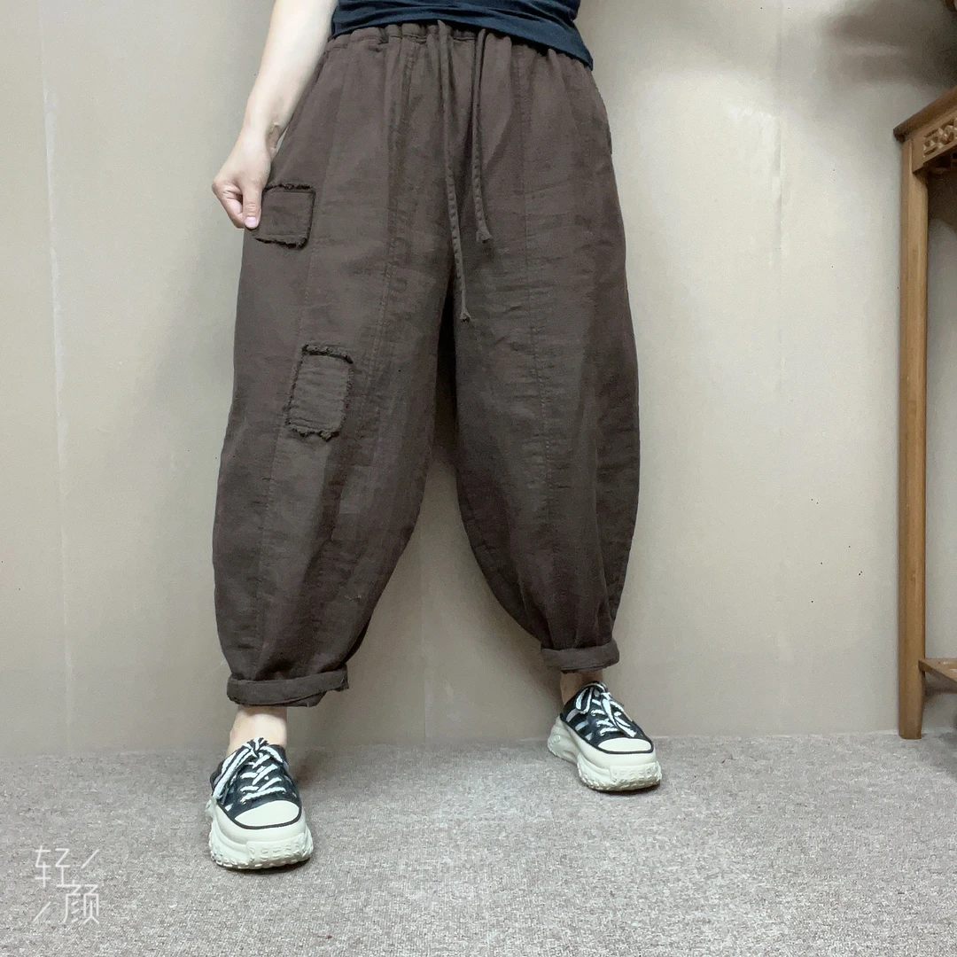 ZX秋季新款宽松遮肉文艺复古南瓜裤休闲百搭纯色抽绳松紧腰休闲裤