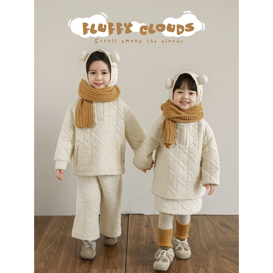 幼悠女童冬装绗线夹棉保暖套装卫衣裤子裙可爱超萌儿童衣服Q4436
