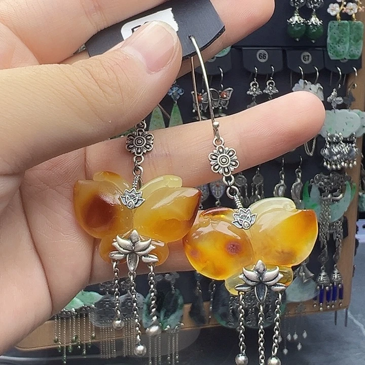 小***豆琥珀银S925镶嵌耳饰