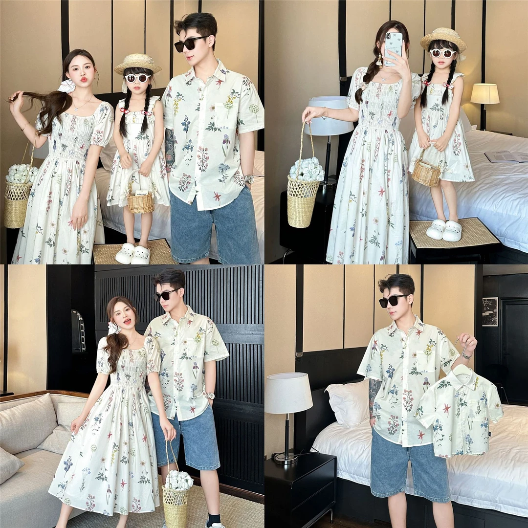 亲子装一家三口高级感夏季2025新款母女款连衣裙海边度假花衬衫潮