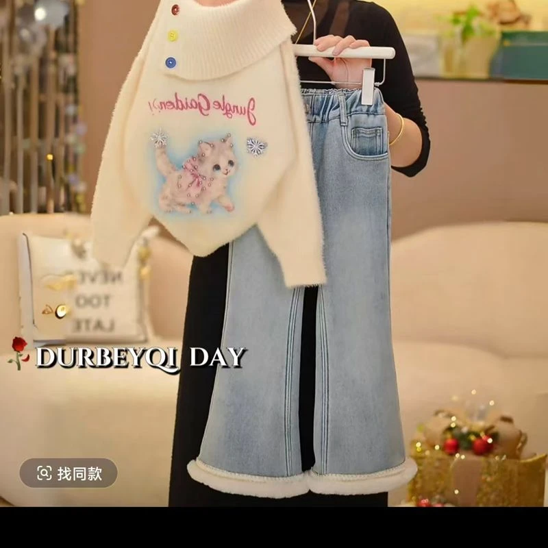 女童猫咪毛衣套装秋冬2024新款韩版加厚半高领针织衫加绒牛仔裤潮