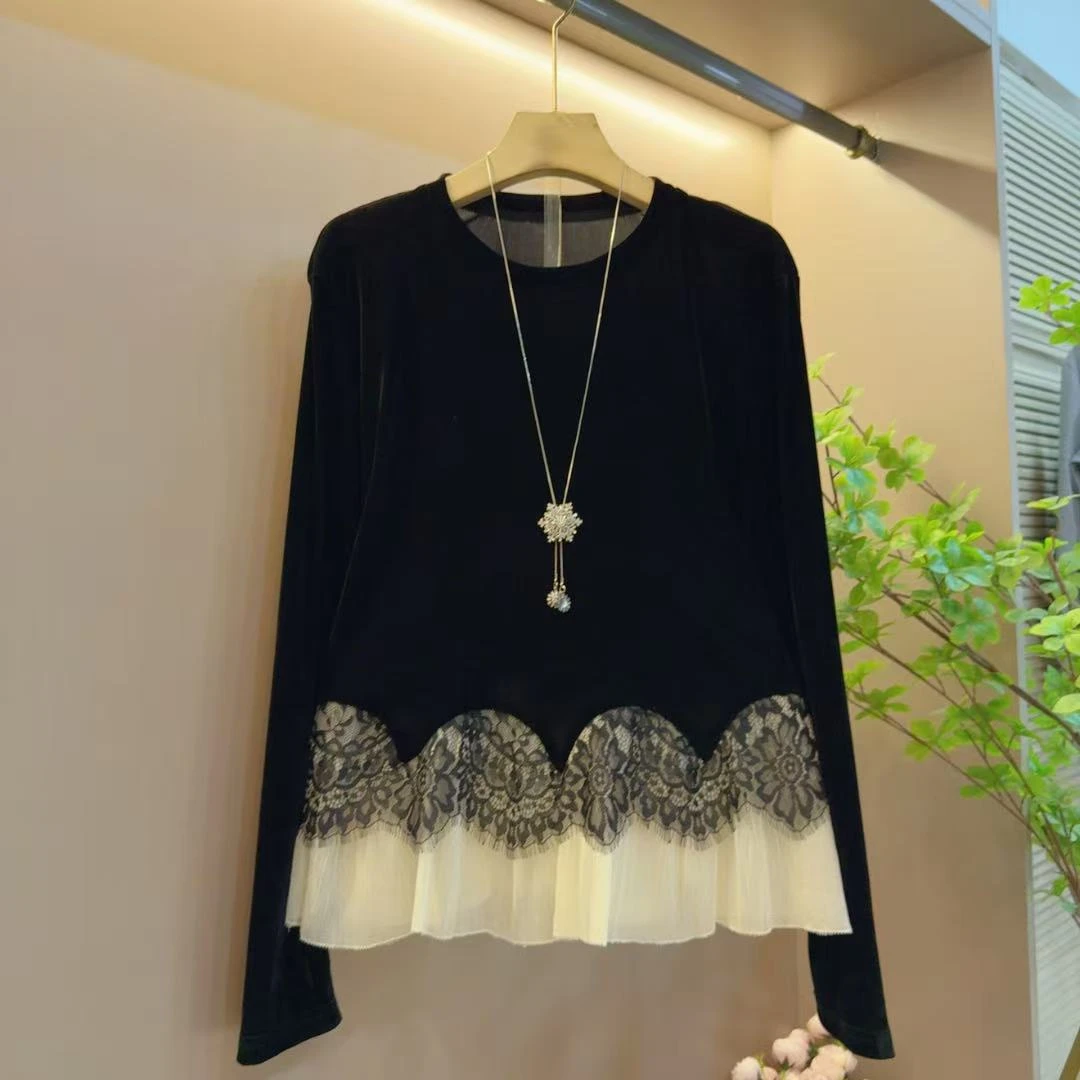 2025年新款时尚新款圆领拼接花边气质显瘦丝绒上衣