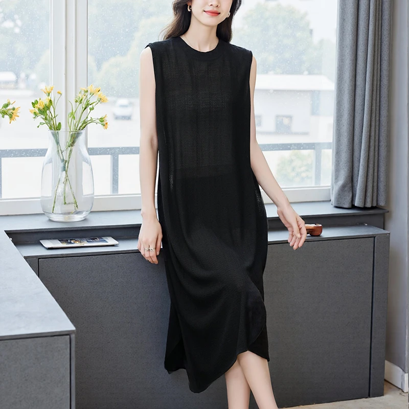 无袖圆领连衣裙高级感夏季新款开叉长裙气质显瘦大码胖mm背心裙子