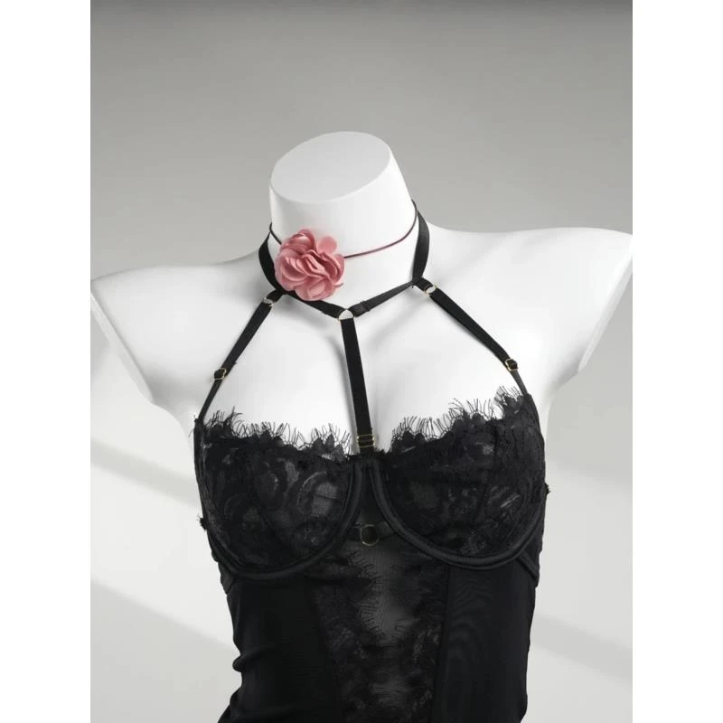 幽情【寻欢】镂空性感女士蕾丝短款吊带网红睡裙修身连体女装黑色