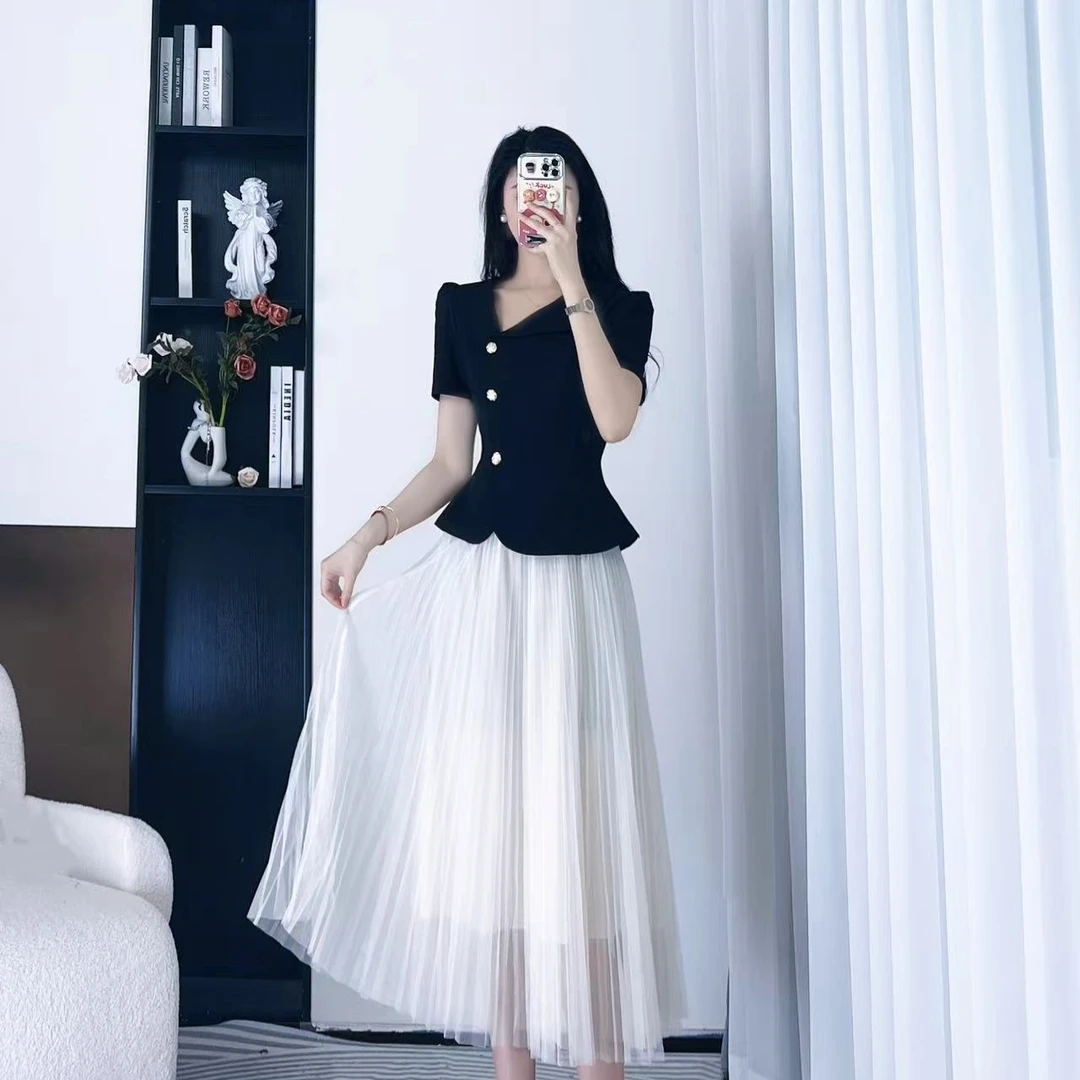 拉夏贝尔25夏季气质显瘦高腰轻奢法式短袖上衣+半身裙 10357 KXJ