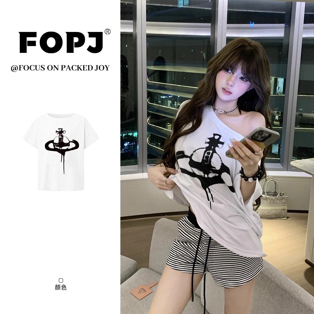 FOPJ美式休闲百搭慵懒一字肩斜肩辣妹t恤女设计感印花纯欲风上衣