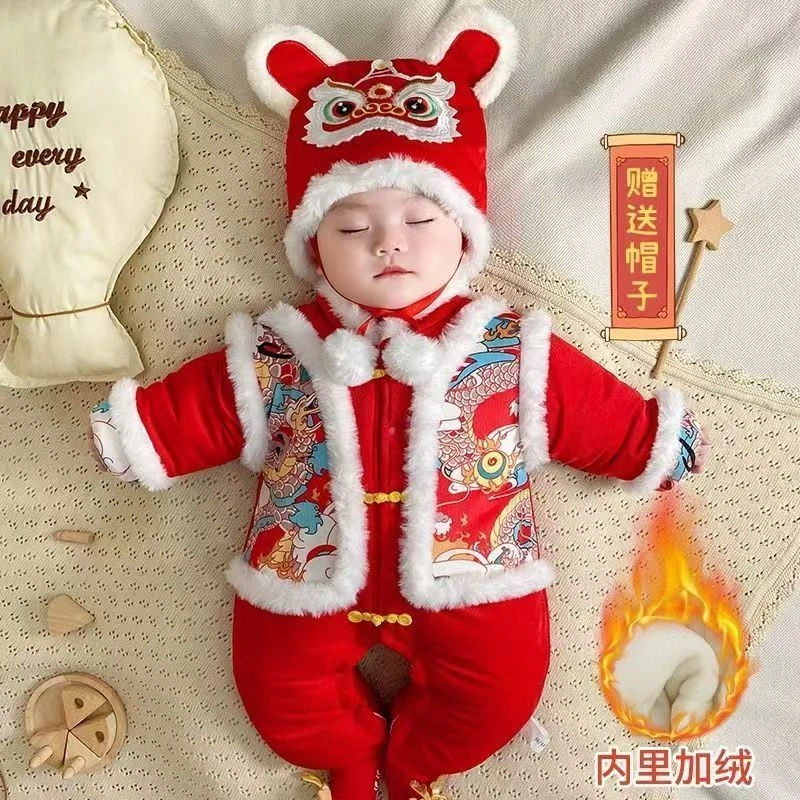 婴儿冬季拜年服加绒连体衣宝宝喜庆红色新年服过年加厚外出棉爬服