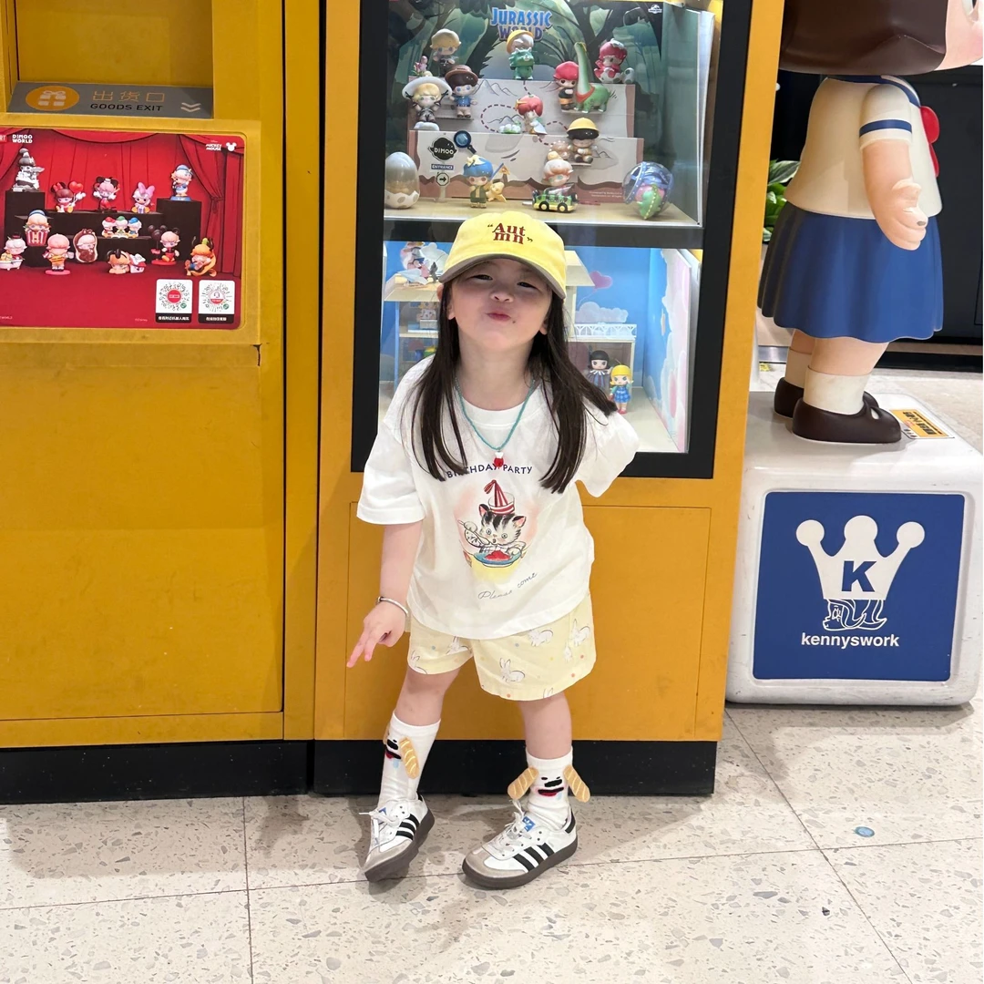 壹妈韩版童装女童夏季套装洋气儿童卡通印花t恤短袖上衣黄色短裤