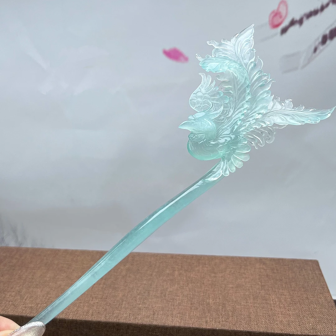 岫玉高品质天青冻凤凰发簪 整体长度22cm 入发长度13.5cm