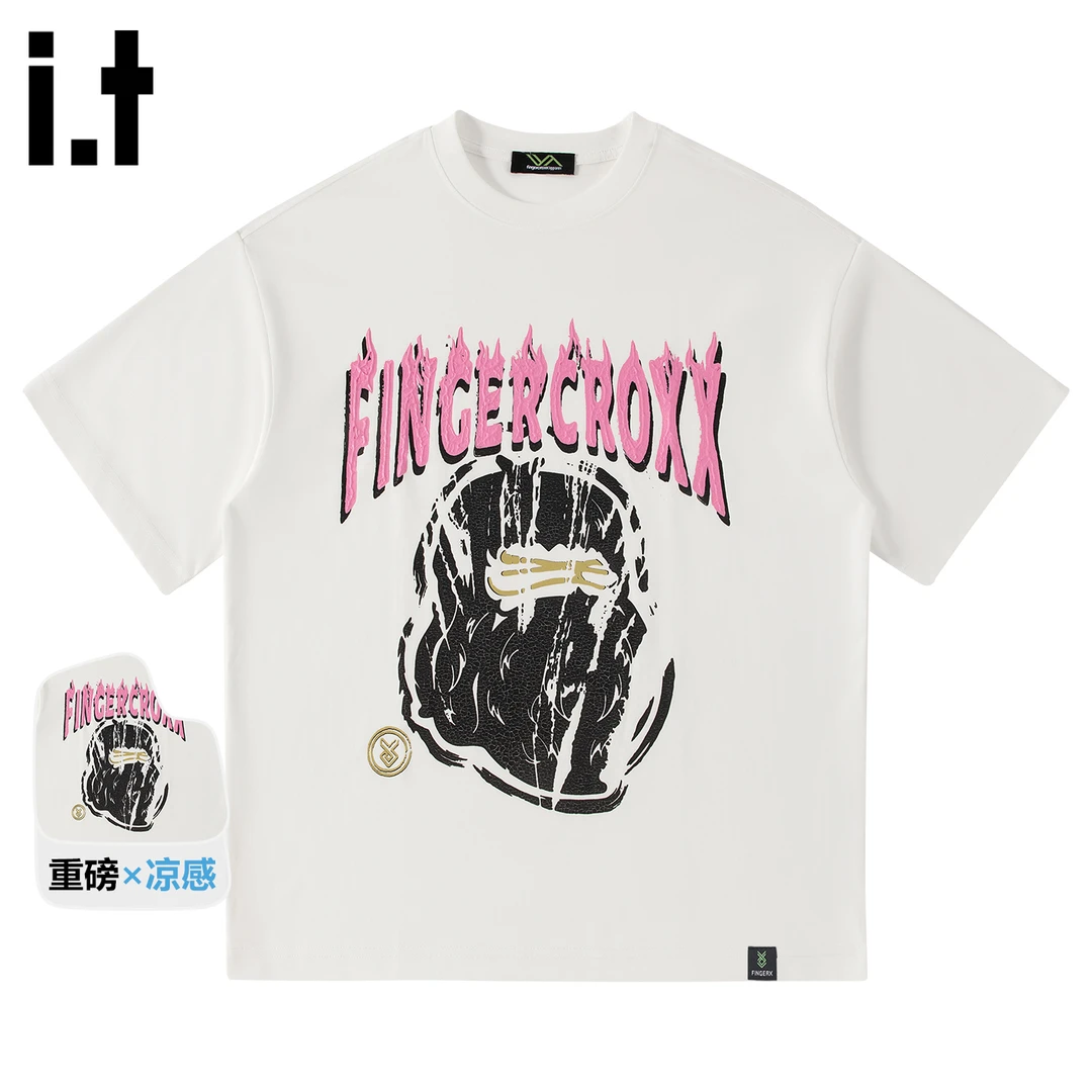it FINGERCROXX重磅短袖男潮牌街头嘻哈半袖白色小领口情侣装t恤