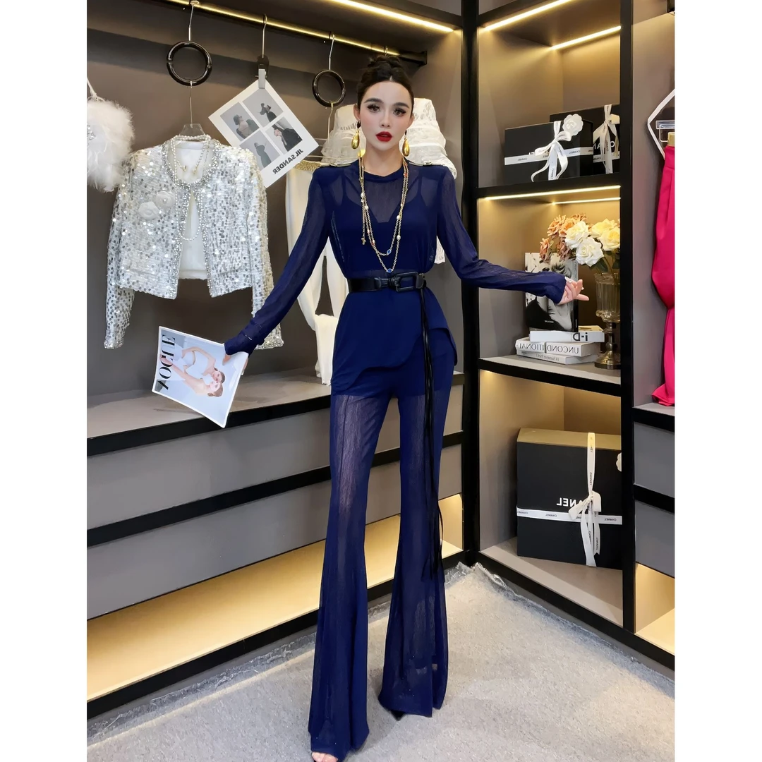 欧货女装-2025新款时尚套装防晒波浪边透纱裤两件套 显瘦气质套装