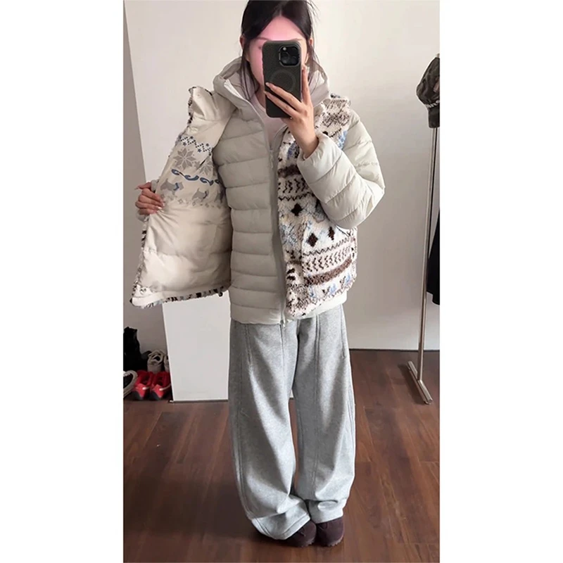 杏色费尔岛双面穿棉服男秋冬潮牌加厚羊羔毛马甲外套美式坎肩背心