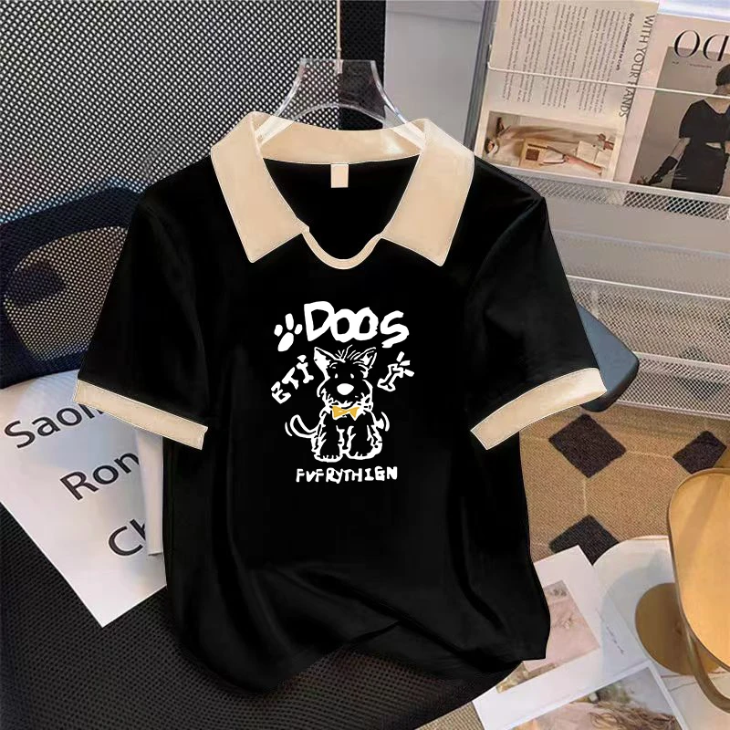 大码胖mm纯欲风辣妹洋气套头短袖T恤女夏季设计感撞色POLO领上衣