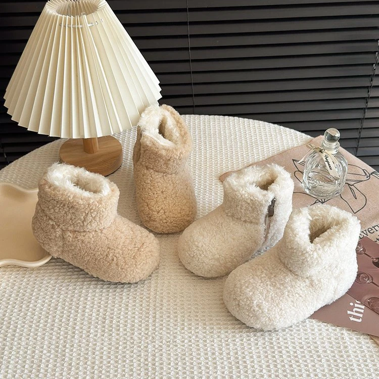 懒懒虫家【超级厚】儿童加绒大棉毛毛短靴女童纯色百搭保暖新年棉鞋