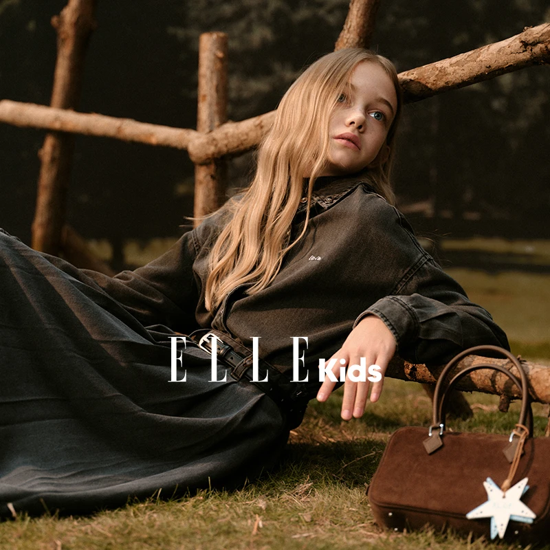 ELLE KIDS 童装宽松水洗牛仔衬衫灰色垂感长袖休闲百搭春秋系扣Q3