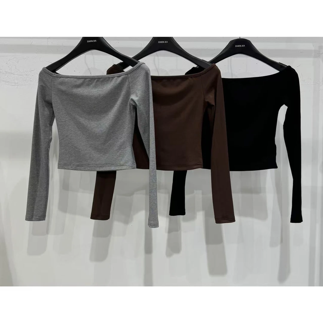 【娇娇私服定制】新款休闲显瘦长袖一字肩打底衫82069#