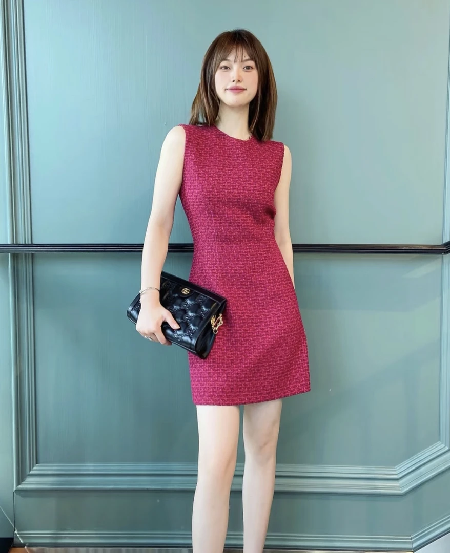 未使用 GUCCI/古驰 gg084 棉 红色毛呢无袖连衣裙 44码