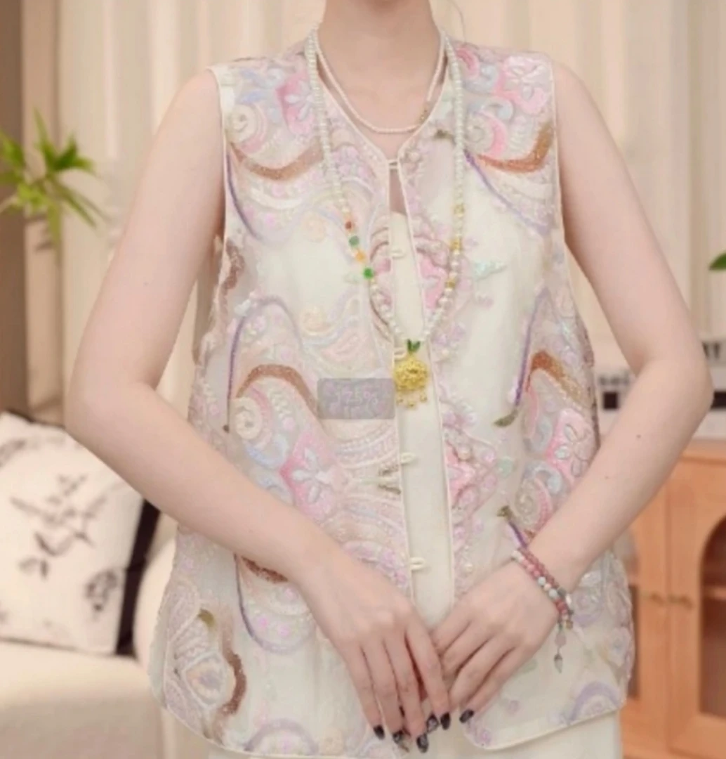 2150国潮中式复古刺绣穿珠圆领薄款马夹坎肩