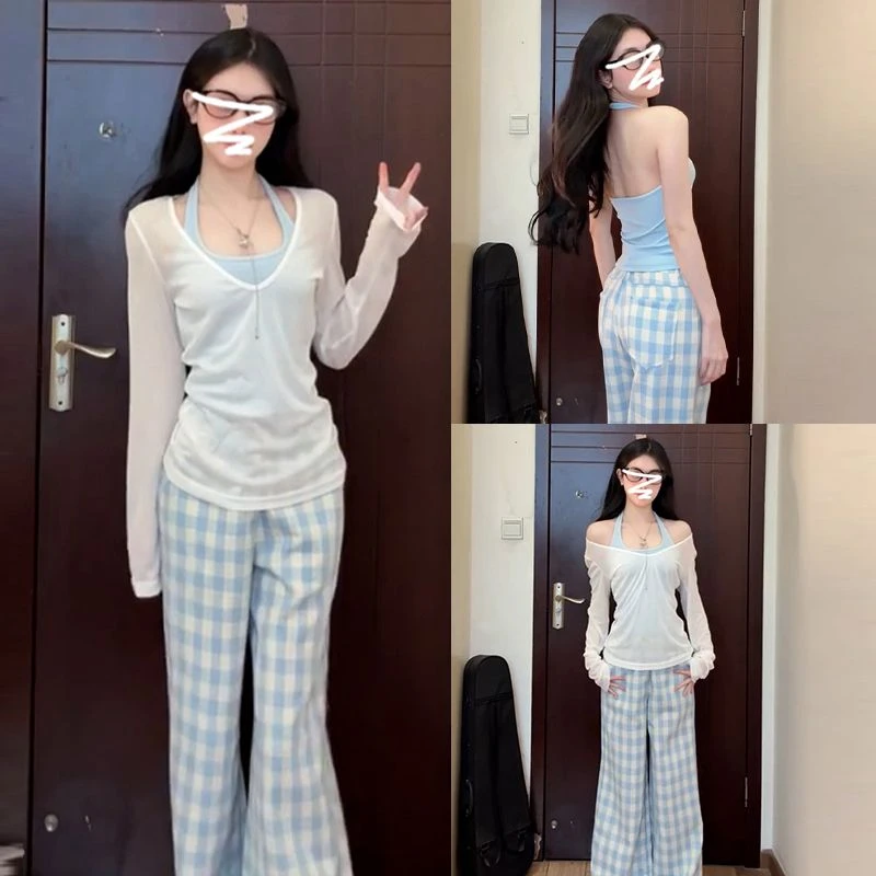 白色长袖v领薄款防晒罩衫t恤女夏季2025新款爆款挂脖吊带上衣套装