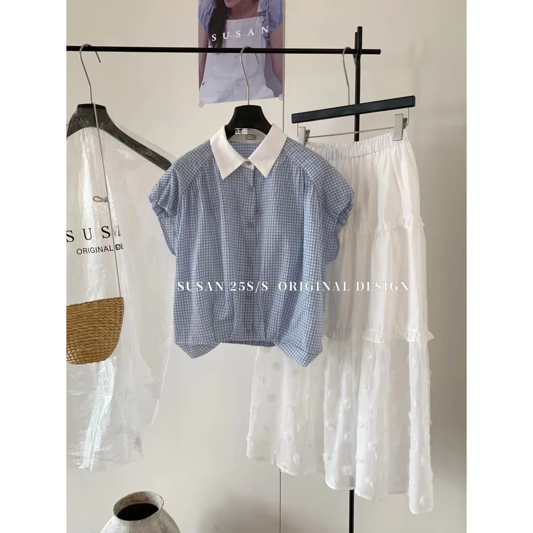 美树 SUSAN-白日梦蓝韩系时髦格子单排扣休闲小衫H7389