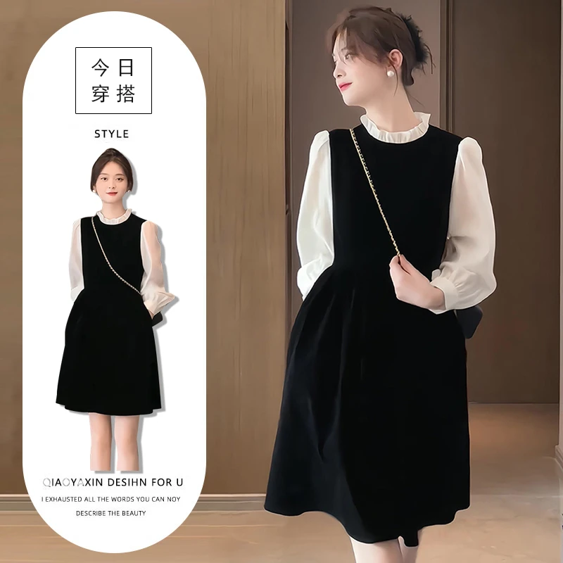 茶歇法式气质显瘦连衣裙女2025年早春新款设计感撞色拼接A字裙潮