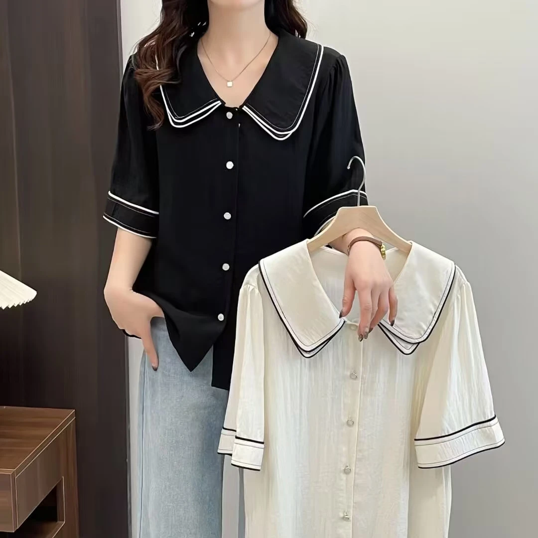 2025夏季新款法式娃娃领短袖衬衫宽松气质设计感洋气上衣肚皮猫