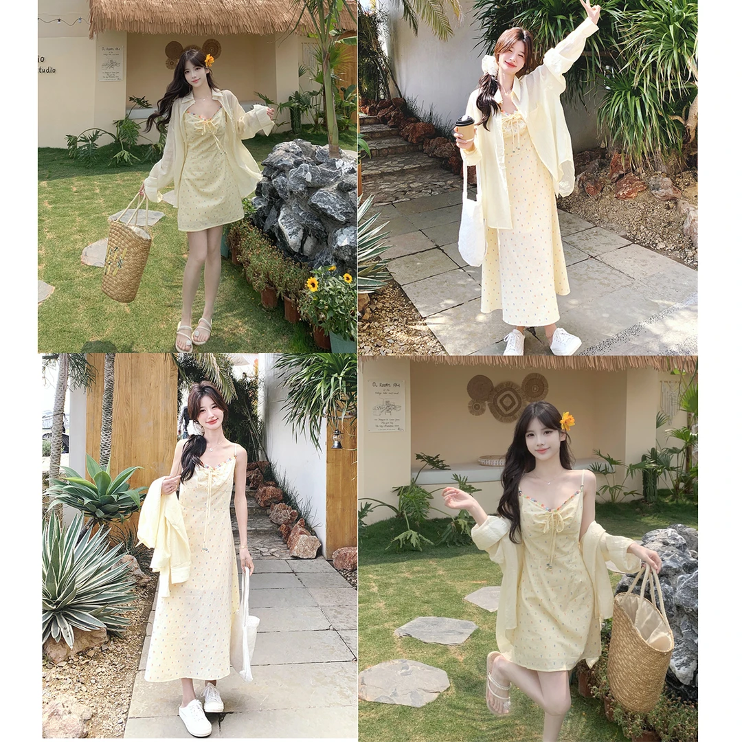 大码女装胖mm秋季穿搭显瘦百搭防晒衬衫上衣搭配吊带连衣裙两件套