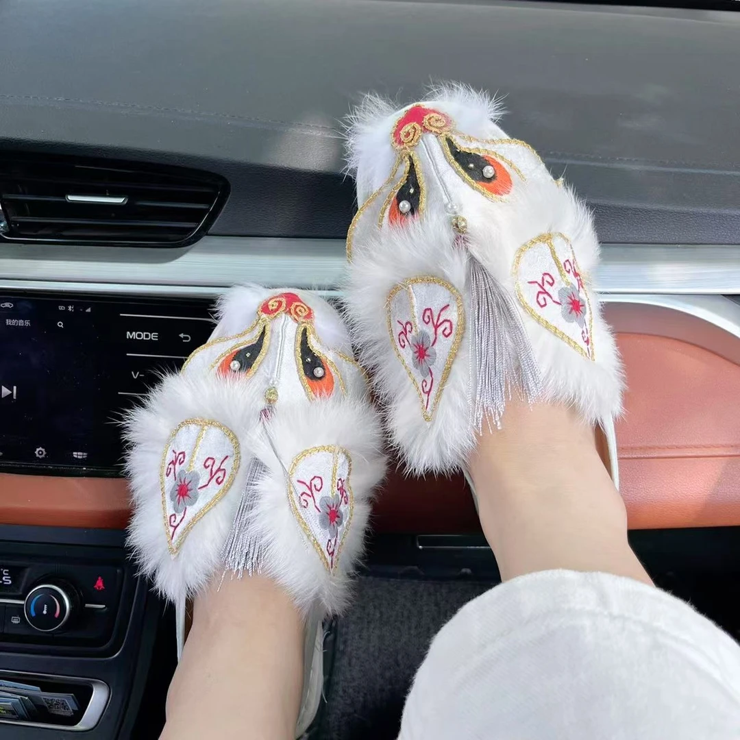 步韵轩手工布鞋女非遗重工手绣白狐手工千层底汉服民族风平底软底