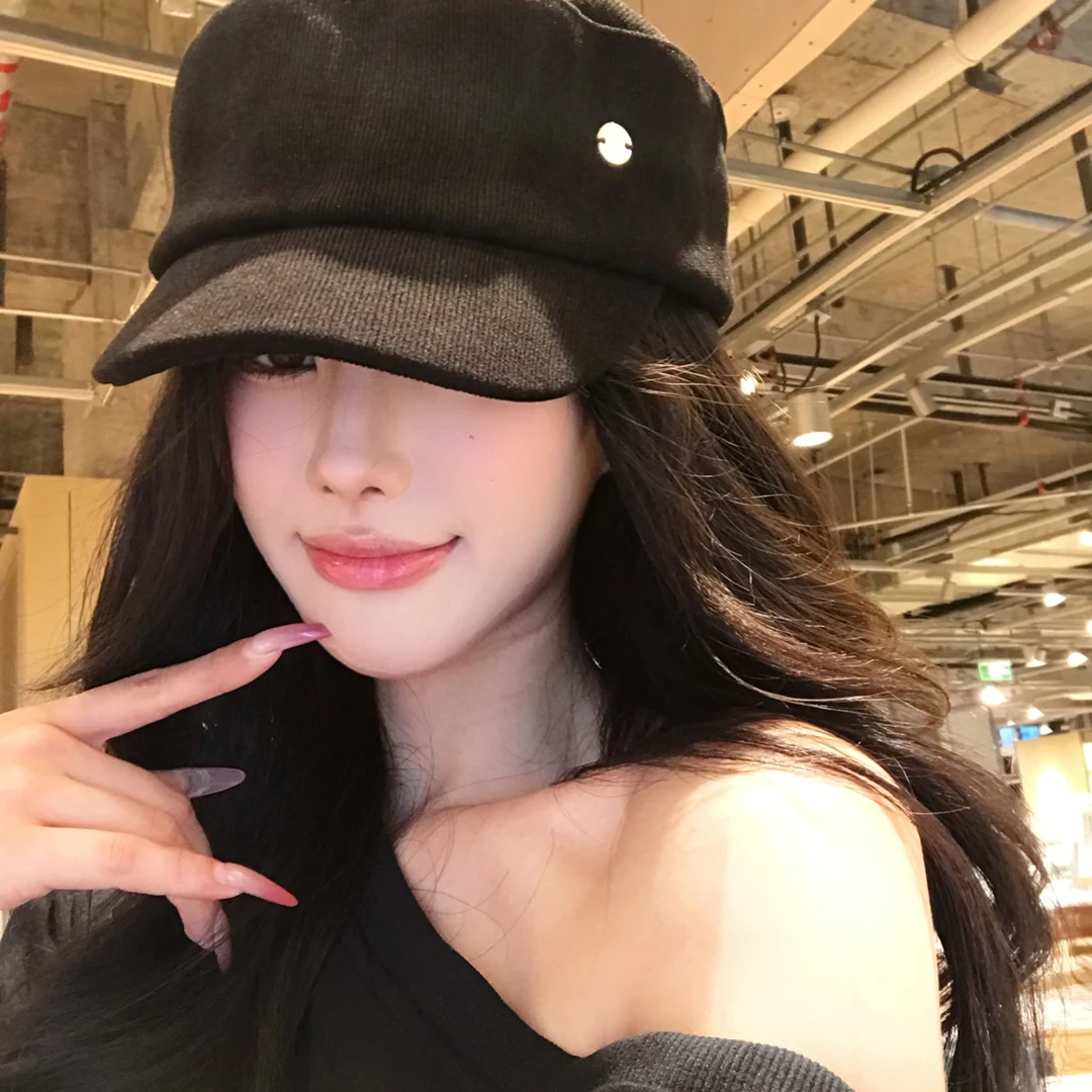 复古灯芯绒平顶帽子女秋季高级感大头围显脸小时尚报童帽百搭