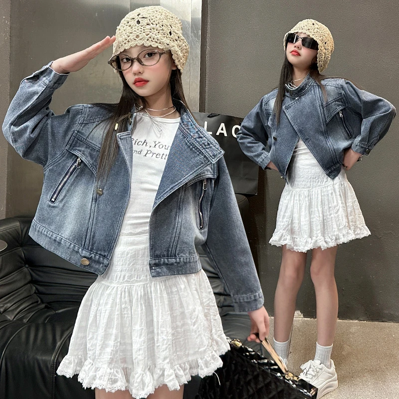 女童春季新款吊款牛仔蝙蝠衫6-12岁15中大儿童小女孩潮酷牛仔外套