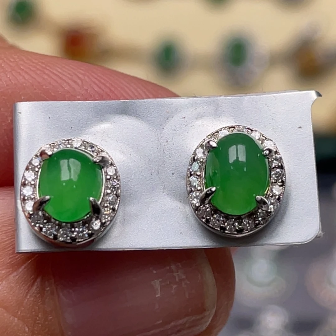 翡翠耳饰银S925镶嵌纯天然缅甸翡翠