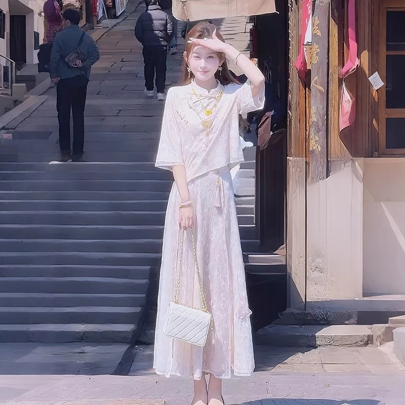 A227+A228新中式国风套装盘扣中袖上衣高腰蕾丝半身裙两件套