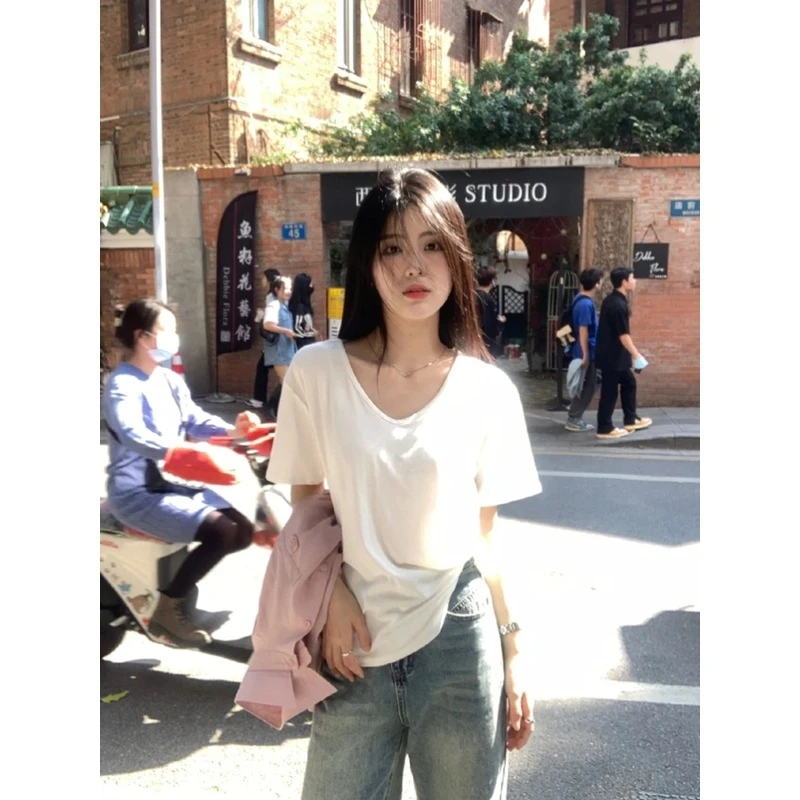 白色领正肩百搭短袖恤女春夏2025新款高级感打底衫内搭辣妹上衣