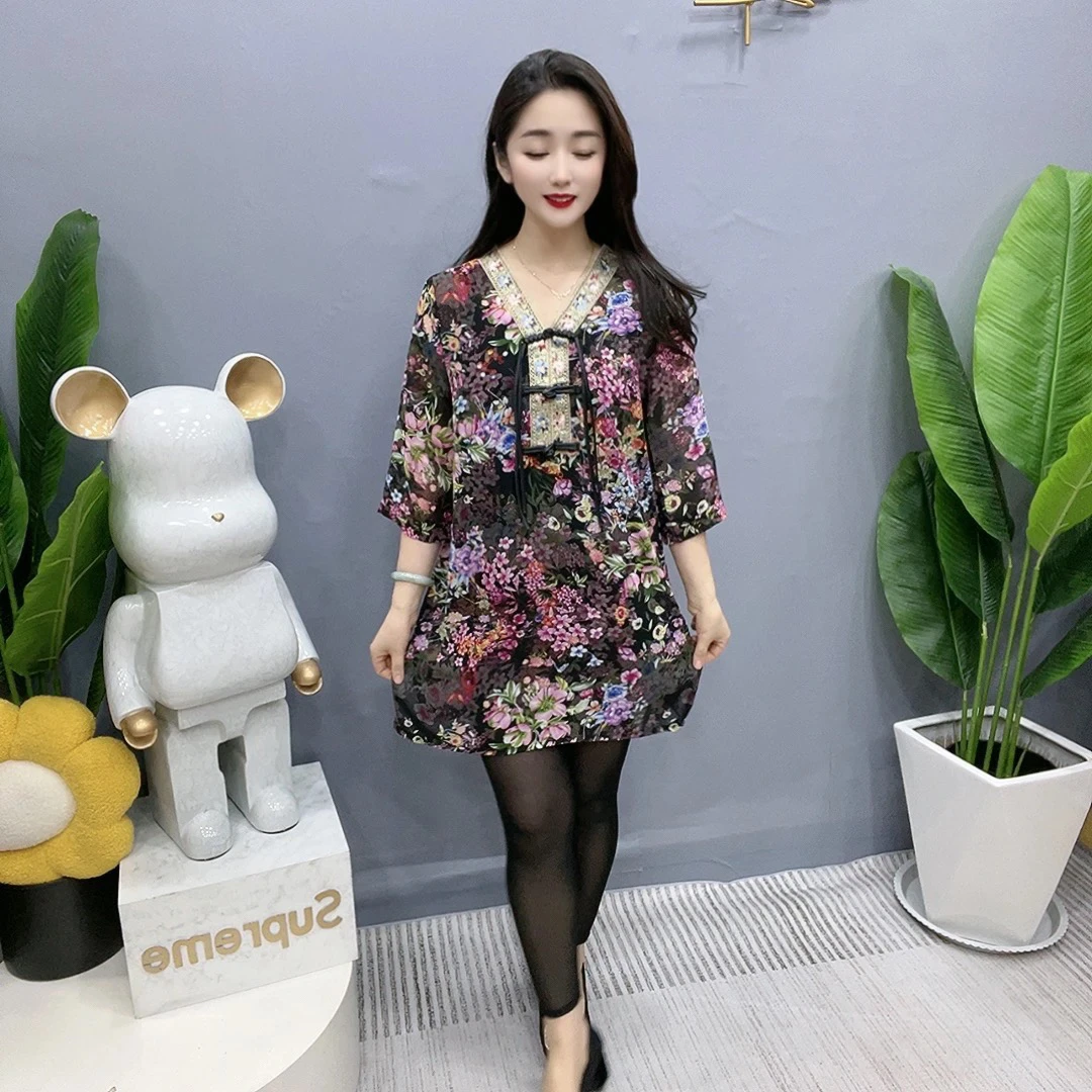 夏季新款时尚洋气高档中国风刺绣拼接中长款气质上衣遮肉显瘦薄款