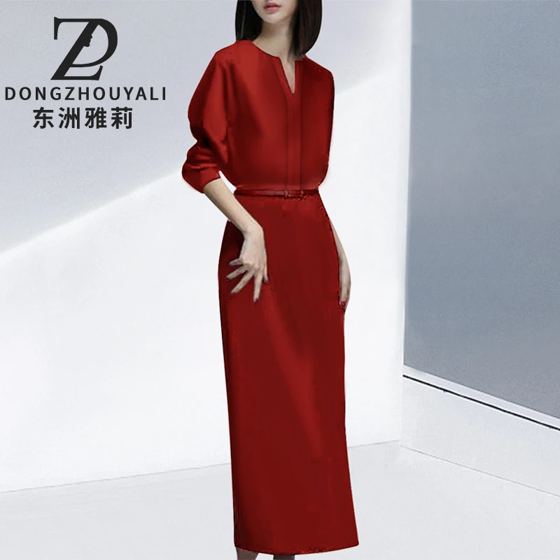 2024新款春季女装红色连衣裙气质轻奢名媛赫本风收腰显瘦职业裙子