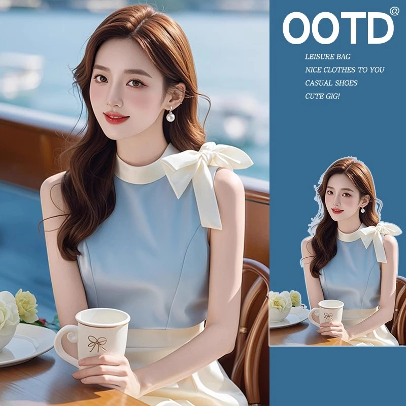 法式蓝色无袖衬衫女高级设计感小众夏季独特别致漂亮小衫绝美上衣