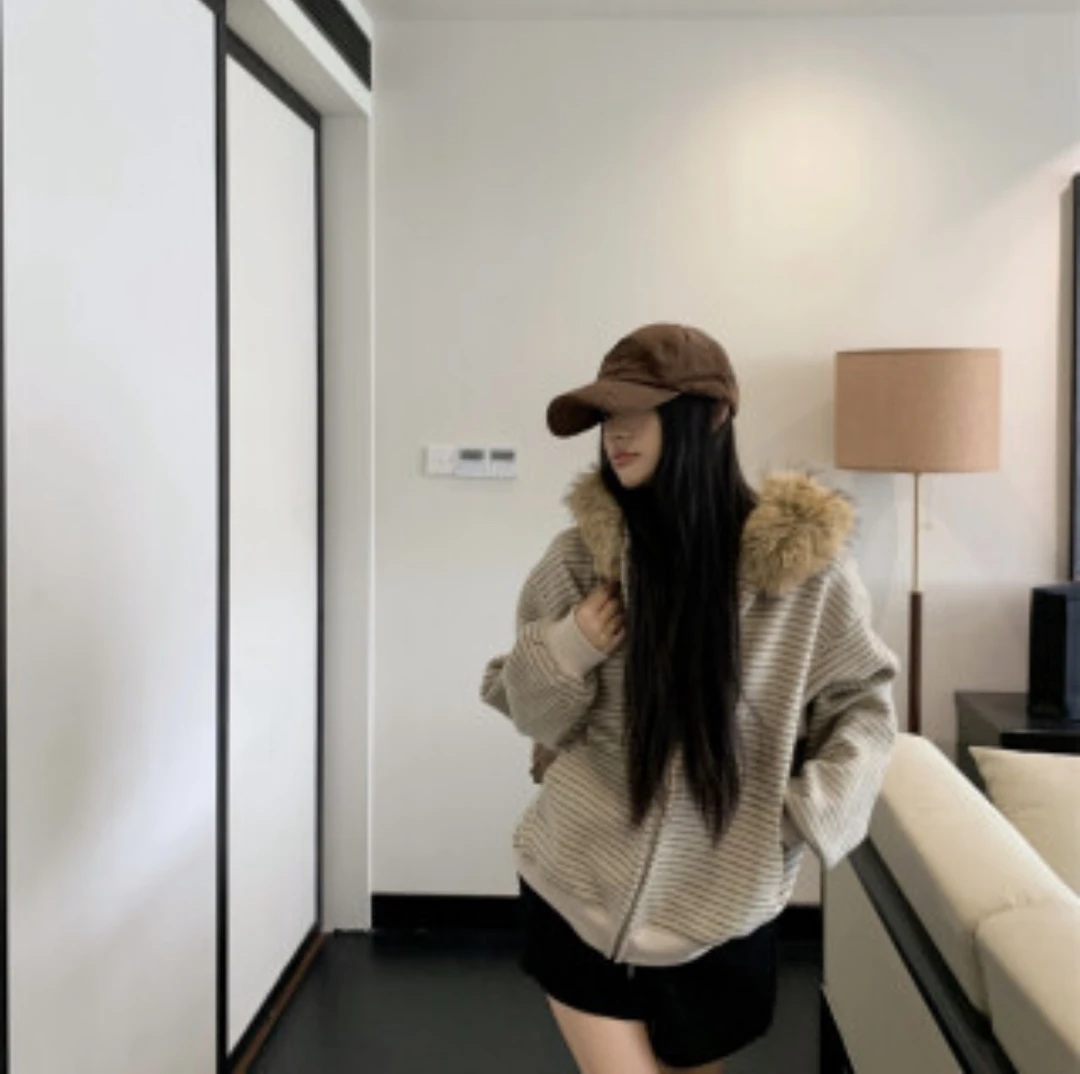 条纹连帽深灰短款男女卫衣开衫防风宽松上衣百搭秋冬