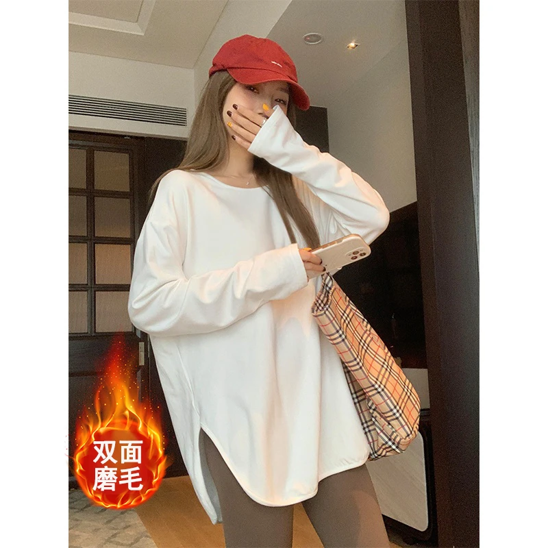秋冬叠穿宽松圆领白色长袖T恤内搭女磨毛加绒开叉上衣长款打底衫