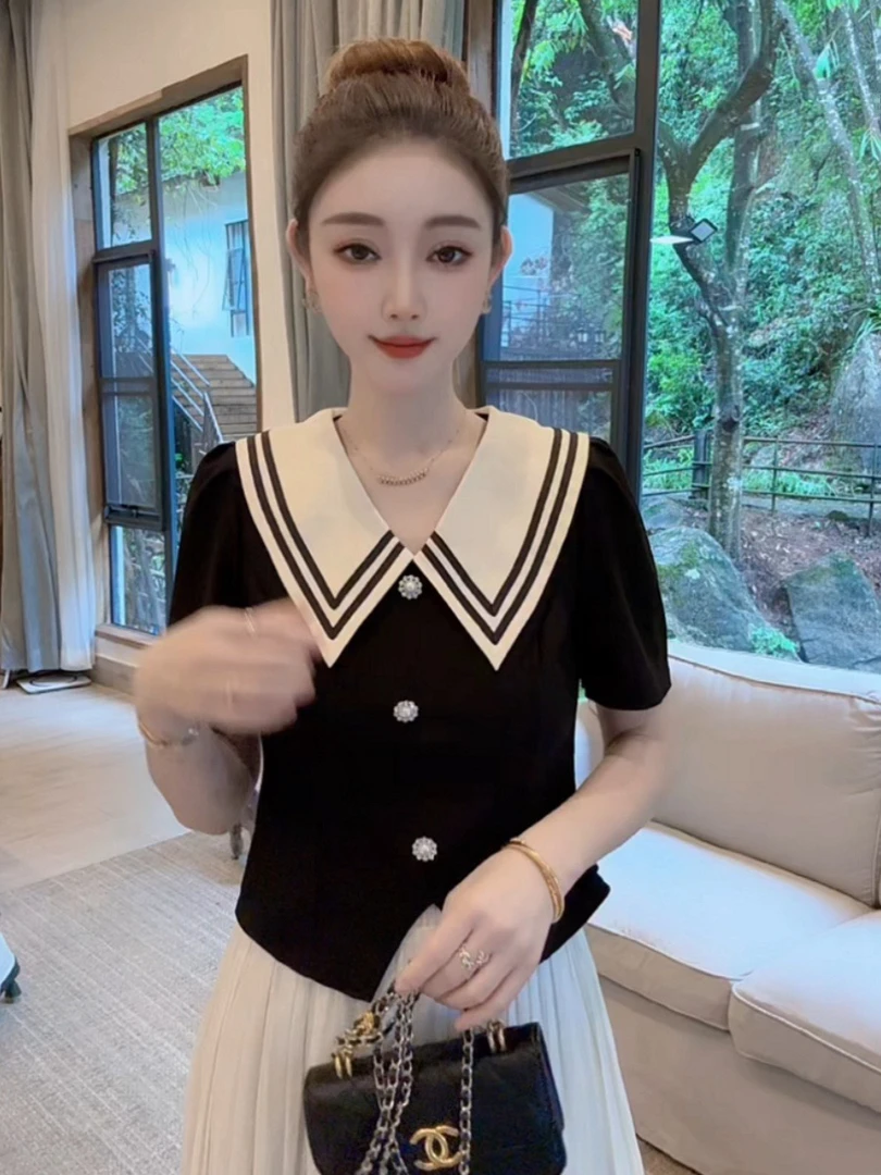 【晓晓女装】8861法式撞色娃娃领短袖衬衫女夏显瘦时尚高级感上衣