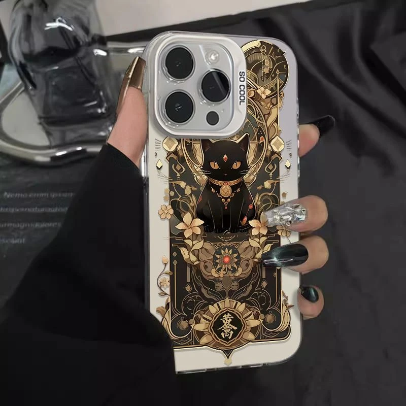 黄金万两黑猫适用苹果16/15promax手机壳iphone14全包13防摔12/11
