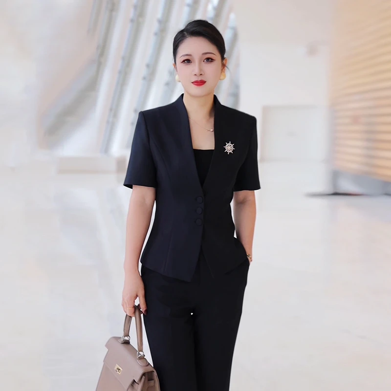 职业西装套装女夏季薄款短袖售楼部珠宝店正装美容院工作服A1033