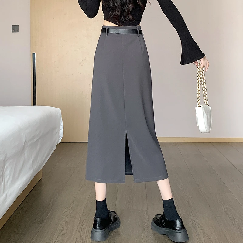 韩版灰色西装半身裙女2025秋季新款高腰直筒显瘦垂感a字裙中长款