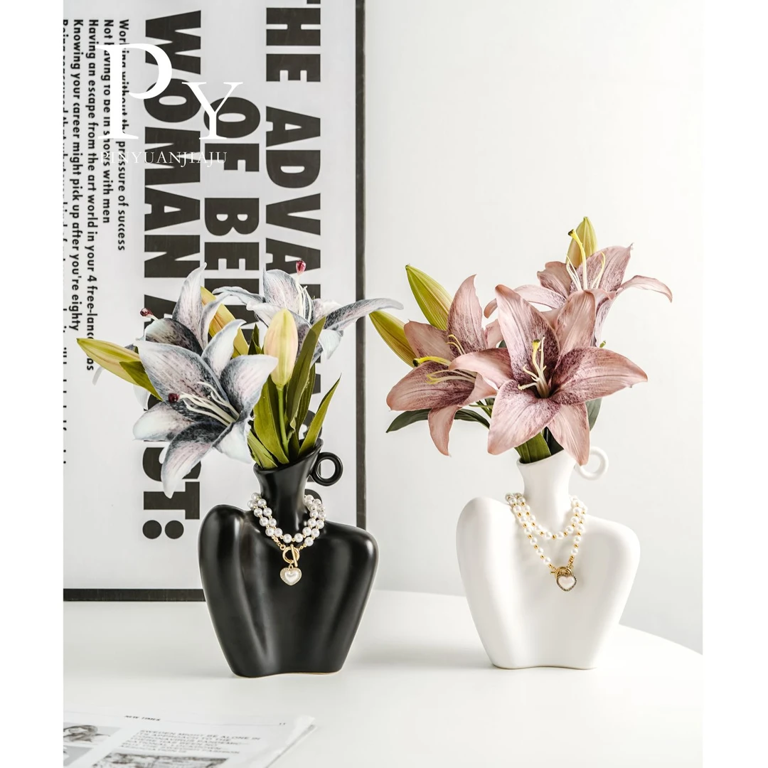 INS仿真油画百合北欧轻奢陶瓷人像花瓶创意餐厅小众玄关装饰