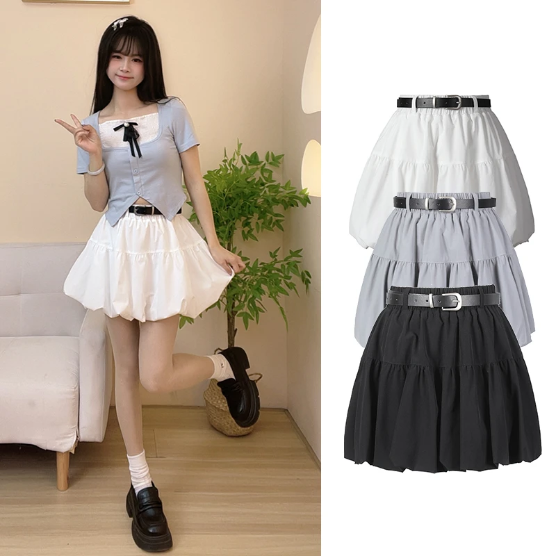 小个子花苞裙短裙白色女夏季新款百搭高腰显瘦a字褶皱蓬蓬半身裙