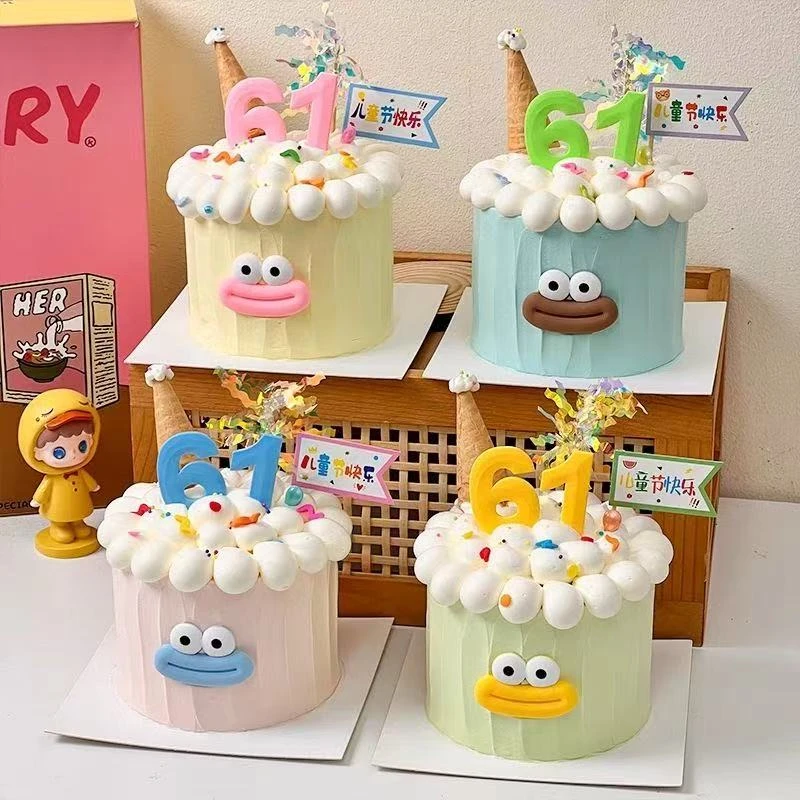六一儿童节搞怪蛋糕装饰软胶大眼香肠嘴摆件61快乐卡通烘焙摆件