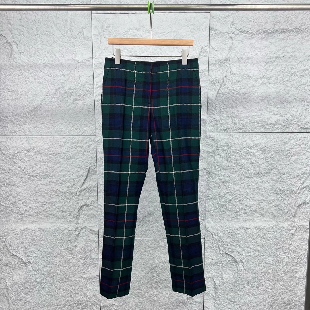 未使用 BURBERRY/博柏利 38码/绿色格纹直筒羊毛休闲裤/11674639
