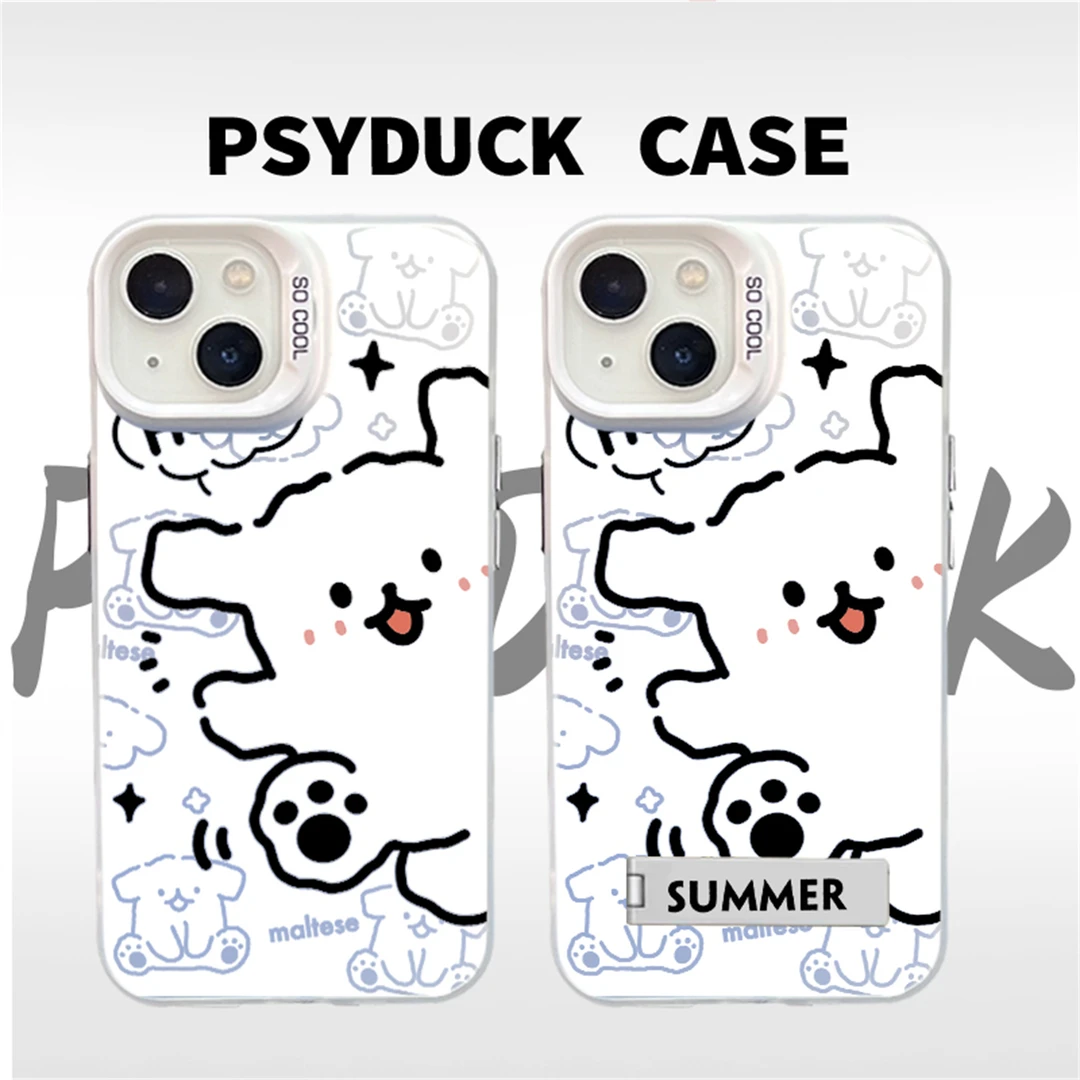 适用苹果华为一加小米hello小白狗彩银白底创意防摔手机壳ins卡通