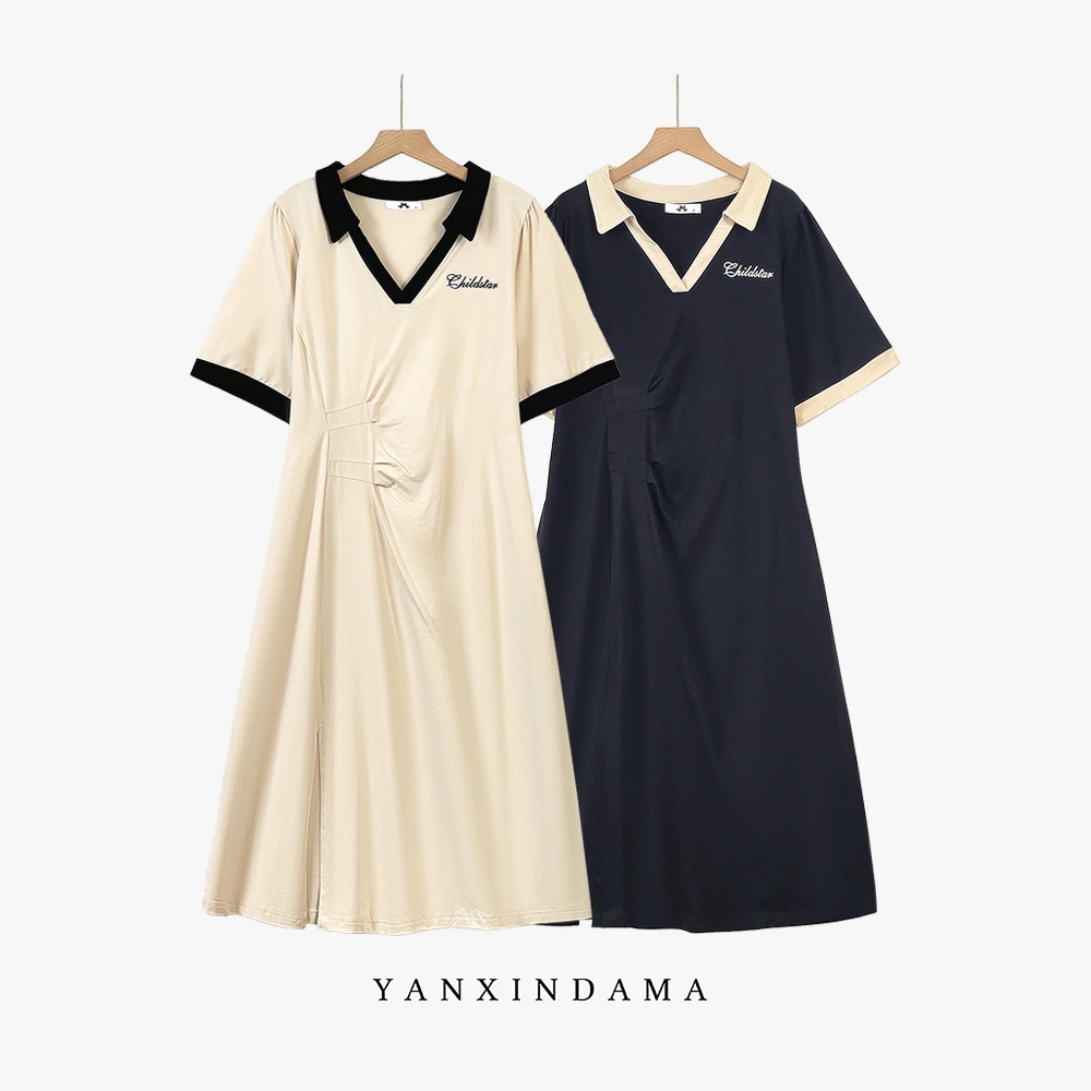 【岩心】大码女装300斤胖MM夏季韩版休闲V领短袖撞色连衣裙63798