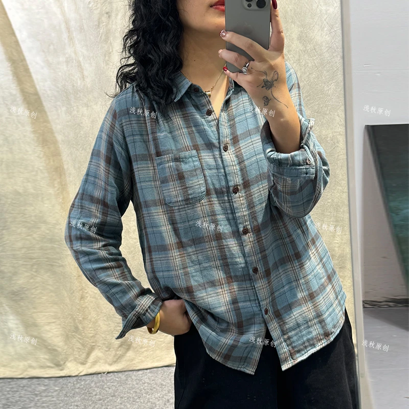 早秋新款纯棉格子衬衫女百搭显瘦长袖衬衣8617